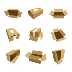 set of realistic brown cardboard box vector illustration, delivery and packaging icon
