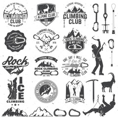 Set of Rock Climbing club badges with design elements
