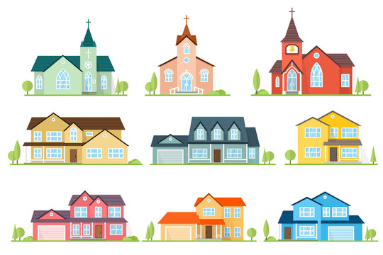 Set of flat icon suburban american houses and churches.