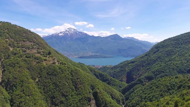 Aerial landscape on Como lake between mountains in Italy, 4k
