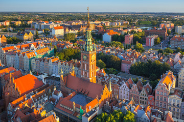 Aerial view of the old town in Gdansk at sunset, Poland