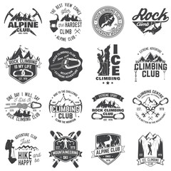 Set of Rock Climbing club badges with design elements.
