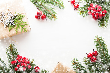 Obraz na płótnie Canvas Christmas and New Year holiday background. Xmas greeting card. Snow effect. Flat lay