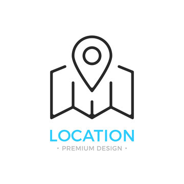 Location Icon. Map With Map Pin, Locator, Geolocation, Navigation Concepts. Stroke, Outline, Linear, Line Style. Vector Thin Line Icon