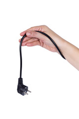 Close up of woman's hand holding black electric plug with white back ground