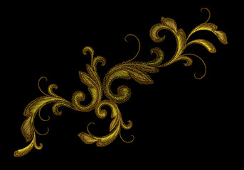Golden Victorian Embroidery Floral Ornament. Stitch texture fashion print patch gold flower Baroque design element vector illustration