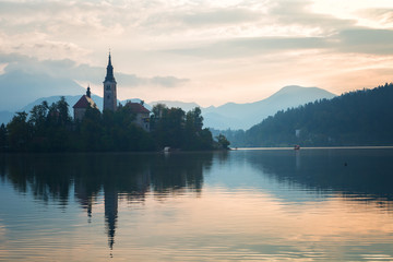 Fototapeta na wymiar Church on island in Lake Bled , Slovenia