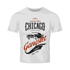 Vintage gangster vehicle vector logo on white t-shirt mock up.
Premium quality old classic car logotype tee-shirt emblem illustration. Chicago, Illinois street wear superior retro tee print design.
