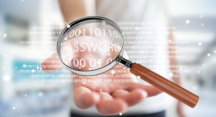 Hacker using digital magnifying glass to find password 3D rendering