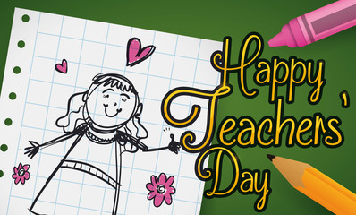 Cute Draw in Notebook Paper and Supplies for Teachers' Day, Vector Illustration