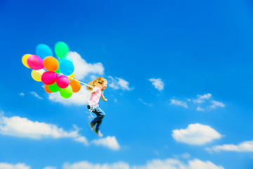 Little Girl Flying With Colorful Balloons