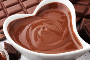 Melting chocolate or melted chocolate and chocolate swirl. stack and powder.