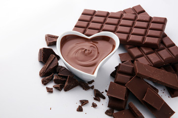 Melting chocolate or melted chocolate and chocolate swirl. stack and powder.