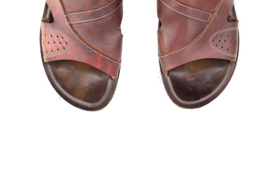 Men's leather sandals isolated on white background top view