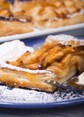 Rustic apple tart with an apricot glaze and powdered sugar