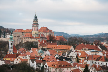 Naklejka na ściany i meble A fabulously beautiful view of the town of Cesky Krumlov in the Czech Republic. Favorite place of tourists from all over the world. One of the most beautiful unusual small cities in the world.