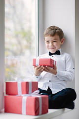 happy little boy wearing white shirt and bow tie near window hol