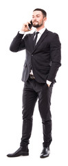 Handsome business man talking on the mobile phone on white background
