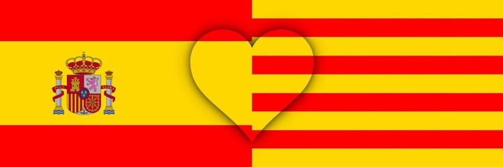 Banderas de España y Cataluña unidas con un corazón