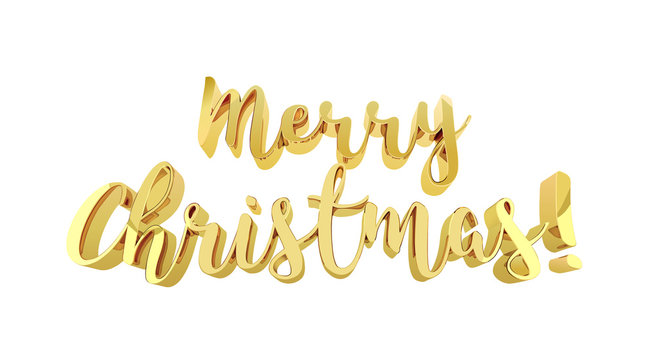 Gold Merry Christmas Card. Golden Shiny Glitter. Calligraphy Greeting Poster Template. Isolated White Background