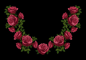 Neck line embroidery with rose flowers vector illustration.