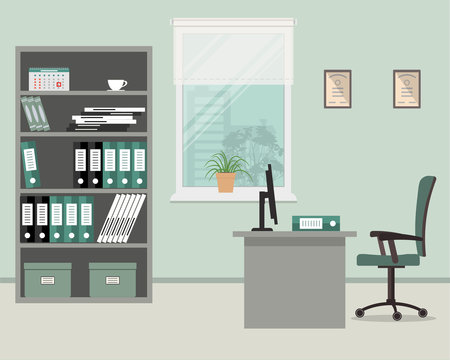 Workplace of office worker. There is a gray desk, a green chair, a computer, a cabinet with folders and other objects on a window background in the picture. Vector flat illustration