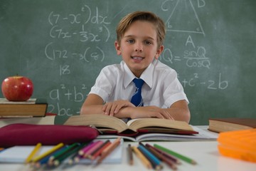 Schoolboy reading book in classroom