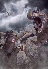 3D rendering of two Tyrannosaurus Rex fighting each other with a pair of Quetzalcoatlus flying away from an incoming tropical storm.   © Herschel Hoffmeyer
