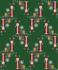 seamless pattern with Santa Claus, gifts and snowflake on a green background