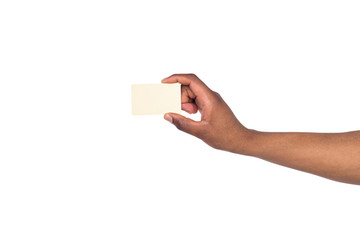 Close-up of male hand holding blank plastic card