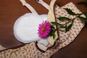 Fototapeta na wymiar Nursing bra for mothers. moms bra with new disposable breast pad. Prevents the flow of milk on the clothes. aster flower symbolizes family harmony and love.