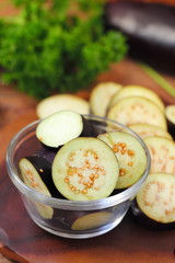 Sliced eggplant in a bowl