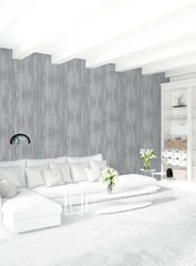 Loft bedroom in modern style interior design with eclectic wall and stylish sofa. 3D Rendering.