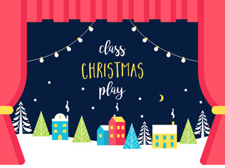 School or Theatre Stage Decorations for Christmas or New Year Play. Snowy Winter Wonderland and Lights Garlands. Class Play Sign. Vector Illustration
