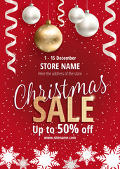 The Christmas sale. Advertising poster for the store. Discounts up to 50 percent. Red banner for website or flyer. Realistic vector. Proportional to A3. Festive new year design template. EPS10.