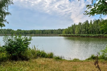 Fleecedeken met foto Beautiful summer landscape. Green grass and blue sky at the lake. © shadowmoon30