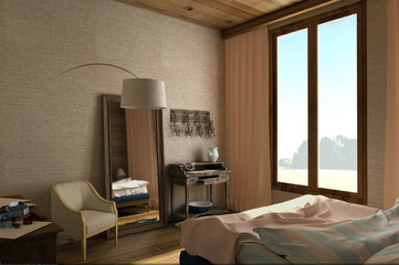Interior of cozy bedroom with big window and mirror