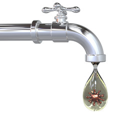 Safety of drinking water concept, 3D illustration showing tap with drop of water containing virus