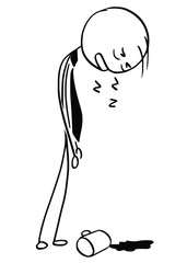 Tired Overworked Businessman Sleeping Standing with Coffee Mug Spilled.