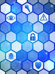Blue cyber security on the hexagons background. Network protection internet technology. Future hi tech vector illustration