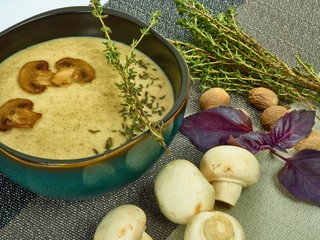 French flavory cream-soup of fresh champignons