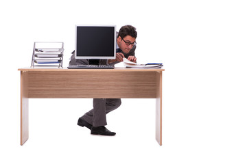 Businessman hiding in the office isolated on white