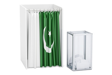 Pakistani election concept, ballot box and voting booths with flag of Pakistan, 3D rendering