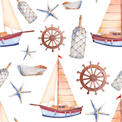 Fototapety  Akwarela morskich bezszwowe wzór. Powtarzająca się tekstura z żaglówką, kołem, latarnią, łodzią, butelką i gwiazdą morza.