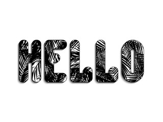 Stylized inscription of Hello from palm leaves