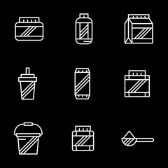 Bodybuilding supplements white line vector icons