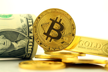 Physical version of Bitcoin, new virtual money. Conceptual image for investors in cryptocurrency,...