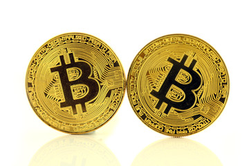 Physical version of Bitcoin, new virtual money. Conceptual image for worldwide cryptocurrency and...