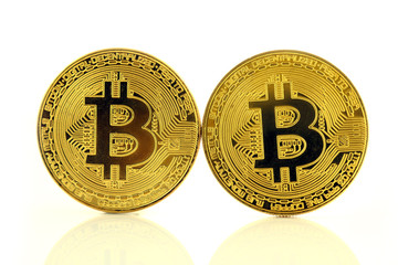 Physical version of Bitcoin, new virtual money. Conceptual image for worldwide cryptocurrency and...