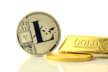 Physical version of Litecoin, new virtual money. Conceptual image for investors in cryptocurrency...